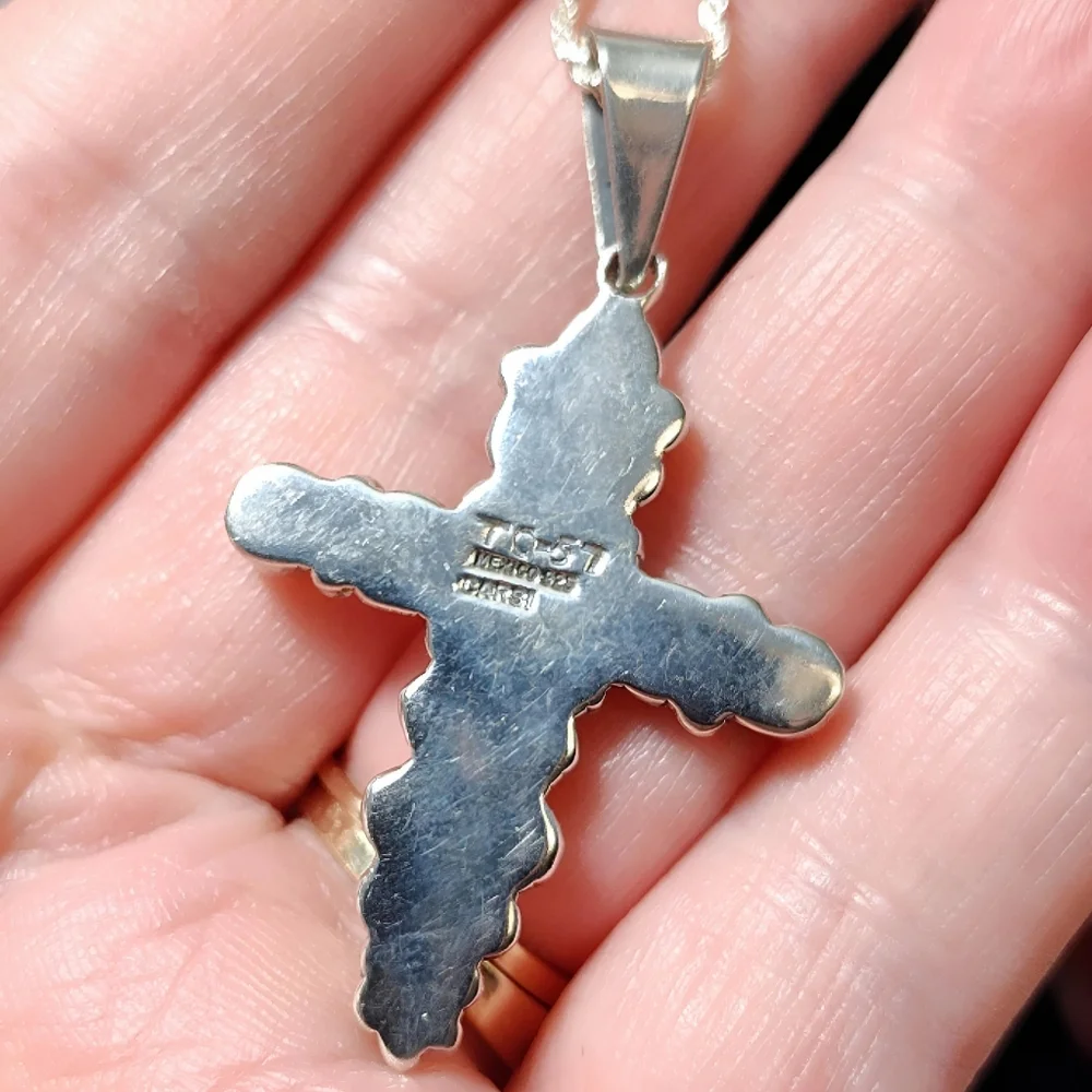 CARSI Taxco Sterling Silver Jasper Pebbled Filigree Motif Cross Pendant Necklace - Picture 9 of 10